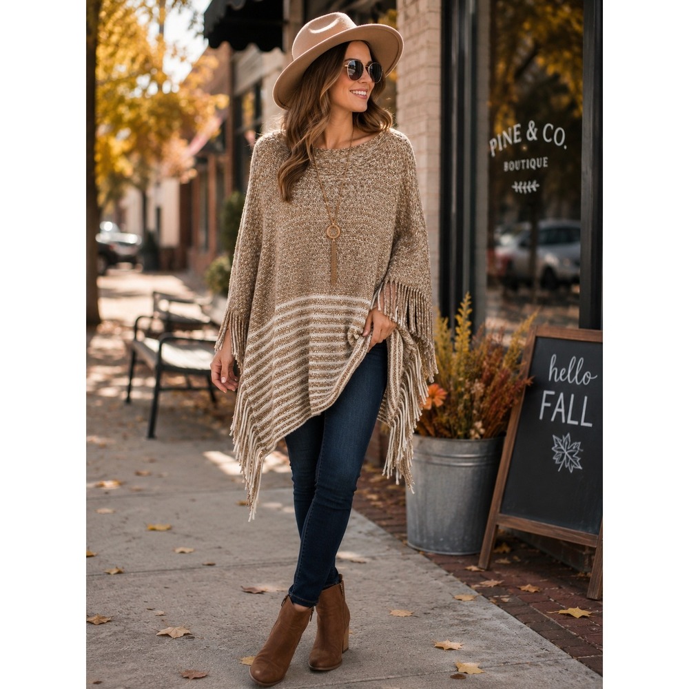 Angie Chenille Striped Fringe Poncho Sweater – One Size – Tan Cream – NWT